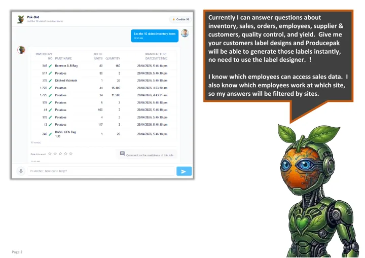 Page 2 of the Pak-Bot PDF guide: Pak-Bot explains that customer label designs let Producepak generate those labels instantly, without the label designer